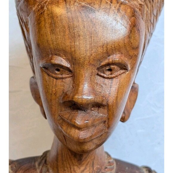 Wooden Handcarved African Statues Head Bust Tribal Man & Woman Pair Folk Art Set - Picture 14 of 16